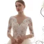 Illusion Champagner Durchsichtige Brautkleider / Hochzeitskleider 2019 A Linie Eckiger Ausschnitt 3/4 Ärmel Applikationen Spitze Perlenstickerei Kathedrale Schleppe Rüschen