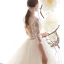 Illusion Champagner Durchsichtige Brautkleider / Hochzeitskleider 2019 A Linie Eckiger Ausschnitt 3/4 Ärmel Applikationen Spitze Perlenstickerei Kathedrale Schleppe Rüschen