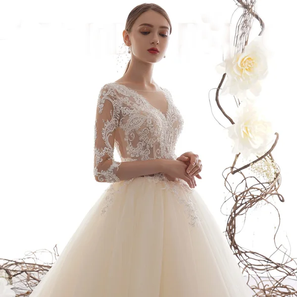 Illusion Champagner Durchsichtige Brautkleider / Hochzeitskleider 2019 A Linie Eckiger Ausschnitt 3/4 Ärmel Applikationen Spitze Perlenstickerei Kathedrale Schleppe Rüschen
