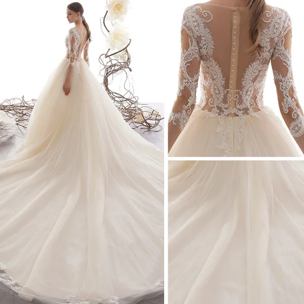 Illusion Champagner Durchsichtige Brautkleider / Hochzeitskleider 2019 A Linie Eckiger Ausschnitt 3/4 Ärmel Applikationen Spitze Perlenstickerei Kathedrale Schleppe Rüschen