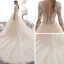Illusion Champagner Durchsichtige Brautkleider / Hochzeitskleider 2019 A Linie Eckiger Ausschnitt 3/4 Ärmel Applikationen Spitze Perlenstickerei Kathedrale Schleppe Rüschen