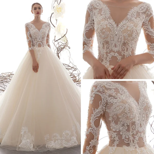 Illusion Champagner Durchsichtige Brautkleider / Hochzeitskleider 2019 A Linie Eckiger Ausschnitt 3/4 Ärmel Applikationen Spitze Perlenstickerei Kathedrale Schleppe Rüschen