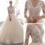 Illusion Champagner Durchsichtige Brautkleider / Hochzeitskleider 2019 A Linie Eckiger Ausschnitt 3/4 Ärmel Applikationen Spitze Perlenstickerei Kathedrale Schleppe Rüschen