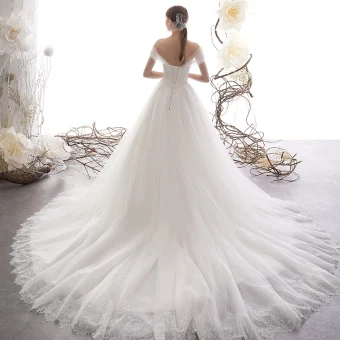 Elegant Ivory Wedding Dresses 2019 A Line Princess Off The Shoulder Short Sleeve Backless Glitter Tulle Court Train Ruffle