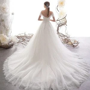 Elegant Ivory Wedding Dresses 2019 A Line Princess Off The Shoulder Short Sleeve Backless Glitter Tulle Court Train Ruffle