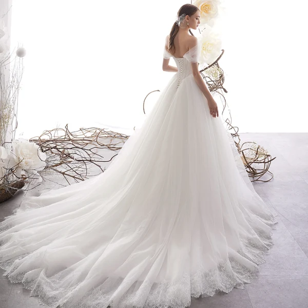 Elegant Ivory Wedding Dresses 2019 A-Line / Princess Off-The-Shoulder Short Sleeve Backless Glitter Tulle Court Train Ruffle