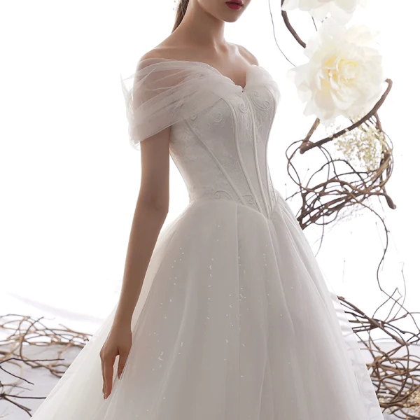 Elegant Ivory Wedding Dresses 2019 A-Line / Princess Off-The-Shoulder Short Sleeve Backless Glitter Tulle Court Train Ruffle