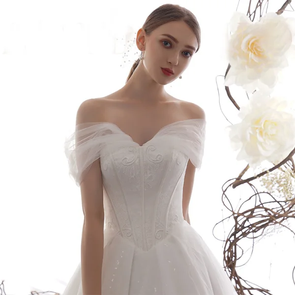 Elegant Ivory Wedding Dresses 2019 A-Line / Princess Off-The-Shoulder Short Sleeve Backless Glitter Tulle Court Train Ruffle