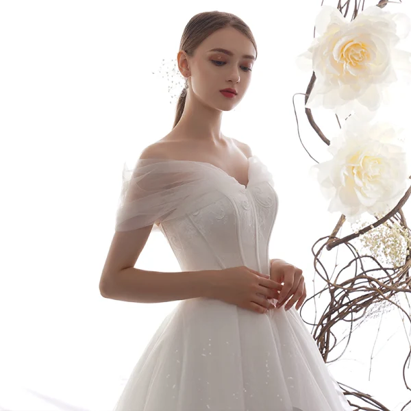 Elegant Ivory Wedding Dresses 2019 A-Line / Princess Off-The-Shoulder Short Sleeve Backless Glitter Tulle Court Train Ruffle