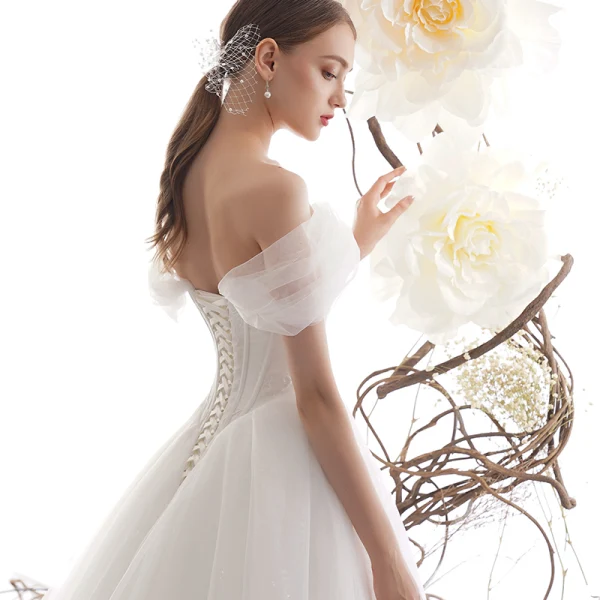 Elegant Ivory Wedding Dresses 2019 A-Line / Princess Off-The-Shoulder Short Sleeve Backless Glitter Tulle Court Train Ruffle