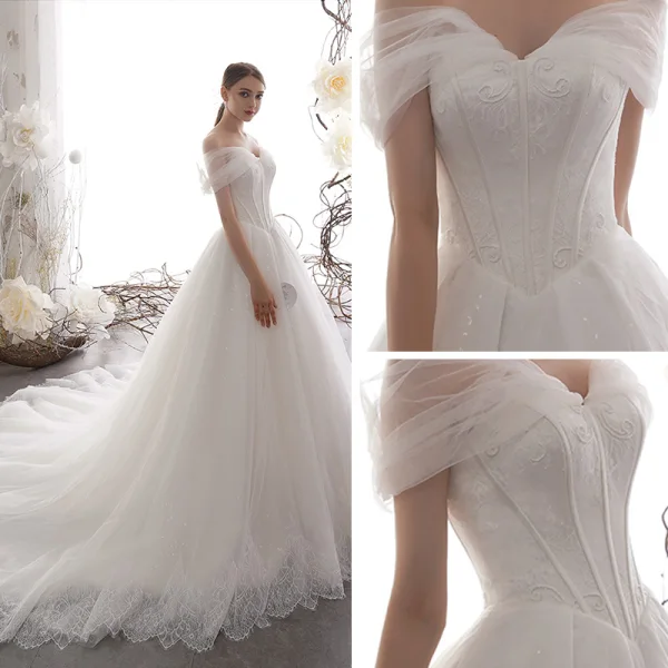 Elegant Ivory Wedding Dresses 2019 A-Line / Princess Off-The-Shoulder Short Sleeve Backless Glitter Tulle Court Train Ruffle