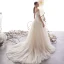 Schöne Champagner Brautkleider / Hochzeitskleider 2019 A Linie Off Shoulder Kurze Ärmel Rückenfreies Glanz Applikationen Spitze Perlenstickerei Hof-Schleppe Rüschen