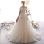 Schöne Champagner Brautkleider / Hochzeitskleider 2019 A Linie Off Shoulder Kurze Ärmel Rückenfreies Glanz Applikationen Spitze Perlenstickerei Hof-Schleppe Rüschen