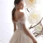 Schöne Champagner Brautkleider / Hochzeitskleider 2019 A Linie Off Shoulder Kurze Ärmel Rückenfreies Glanz Applikationen Spitze Perlenstickerei Hof-Schleppe Rüschen