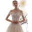Schöne Champagner Brautkleider / Hochzeitskleider 2019 A Linie Off Shoulder Kurze Ärmel Rückenfreies Glanz Applikationen Spitze Perlenstickerei Hof-Schleppe Rüschen