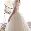 Schöne Champagner Brautkleider / Hochzeitskleider 2019 A Linie Off Shoulder Kurze Ärmel Rückenfreies Glanz Applikationen Spitze Perlenstickerei Hof-Schleppe Rüschen