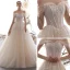 Schöne Champagner Brautkleider / Hochzeitskleider 2019 A Linie Off Shoulder Kurze Ärmel Rückenfreies Glanz Applikationen Spitze Perlenstickerei Hof-Schleppe Rüschen