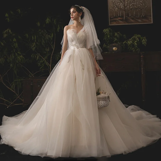 Elegant Champagne Brudekjoler 2019 Prinsesse Kjæreste Uten Ermer Ryggløse Beading Chapel Train Buste