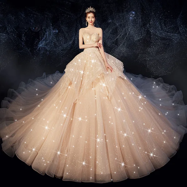 Bling Bling Champagne Brudekjoler 2019 Ballkjole Kjæreste Uten Ermer Ryggløse Beading Glitter Tyll Cathedral Train Buste