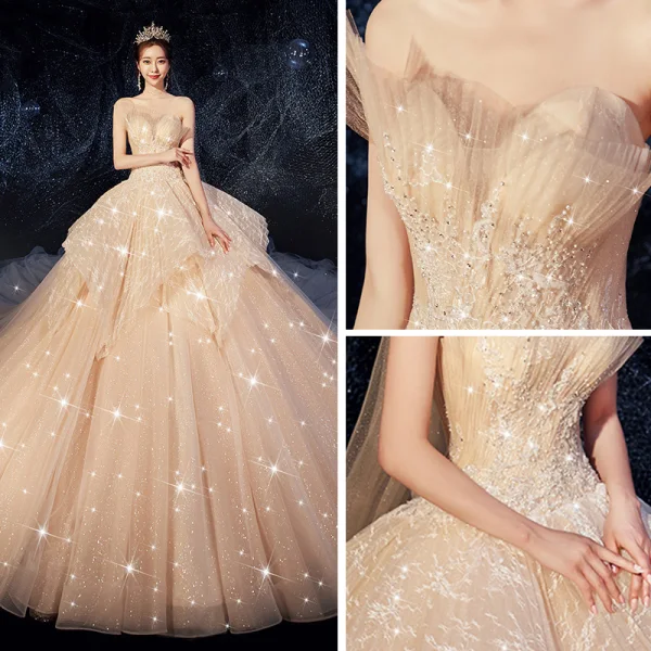 Bling Bling Champagne Brudekjoler 2019 Ballkjole Kjæreste Uten Ermer Ryggløse Beading Glitter Tyll Cathedral Train Buste