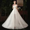 Elegant Ivory Summer Wedding Dresses 2019 Trumpet / Mermaid V-Neck Sleeveless Backless Appliques Lace Detachable Court Train Ruffle