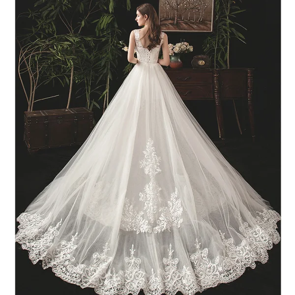 Elegant Ivory Summer Wedding Dresses 2019 Trumpet / Mermaid V-Neck Sleeveless Backless Appliques Lace Detachable Court Train Ruffle