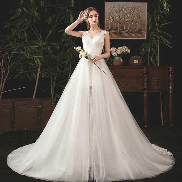 Élégant Ivoire Été Robe De Mariée 2019 Trompette / Sirène V-Cou Sans Manches Dos Nu Appliques En Dentelle Détachable Tribunal Train Volants