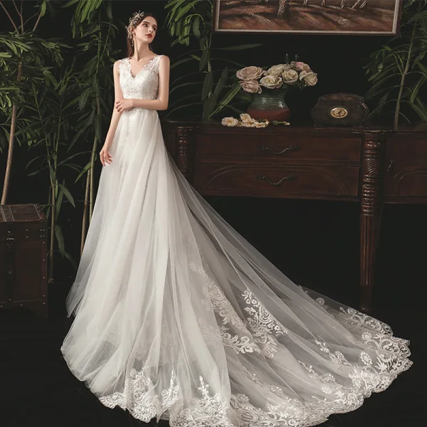 Élégant Ivoire Été Robe De Mariée 2019 Trompette / Sirène V-Cou Sans Manches Dos Nu Appliques En Dentelle Détachable Tribunal Train Volants