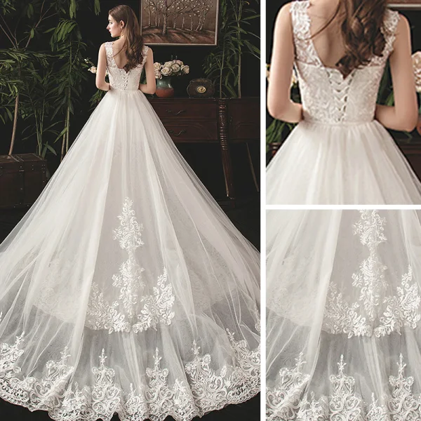 Élégant Ivoire Été Robe De Mariée 2019 Trompette / Sirène V-Cou Sans Manches Dos Nu Appliques En Dentelle Détachable Tribunal Train Volants