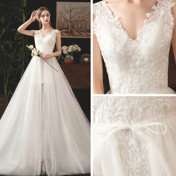 Élégant Ivoire Été Robe De Mariée 2019 Trompette / Sirène V-Cou Sans Manches Dos Nu Appliques En Dentelle Détachable Tribunal Train Volants