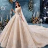Luxury / Gorgeous Champagne See-through Wedding Dresses 2019 Ball Gown Square Neckline Long Sleeve Backless Handmade  Beading Glitter Tulle Royal Train Ruffle