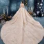 Luxus / Herrlich Champagner Durchsichtige Brautkleider / Hochzeitskleider 2019 Ballkleid Eckiger Ausschnitt Lange Ärmel Rückenfreies Handgefertigt Perlenstickerei Glanz Tülle Königliche Schleppe Rüschen