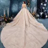 Luxury / Gorgeous Champagne See-through Wedding Dresses 2019 Ball Gown Square Neckline Long Sleeve Backless Handmade  Beading Glitter Tulle Royal Train Ruffle