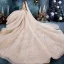Luxus / Herrlich Champagner Durchsichtige Brautkleider / Hochzeitskleider 2019 Ballkleid Eckiger Ausschnitt Lange Ärmel Rückenfreies Handgefertigt Perlenstickerei Glanz Tülle Königliche Schleppe Rüschen
