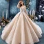 Luxus / Herrlich Champagner Durchsichtige Brautkleider / Hochzeitskleider 2019 Ballkleid Eckiger Ausschnitt Lange Ärmel Rückenfreies Handgefertigt Perlenstickerei Glanz Tülle Königliche Schleppe Rüschen