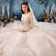 Luxus / Herrlich Champagner Durchsichtige Brautkleider / Hochzeitskleider 2019 Ballkleid Eckiger Ausschnitt Lange Ärmel Rückenfreies Handgefertigt Perlenstickerei Glanz Tülle Königliche Schleppe Rüschen