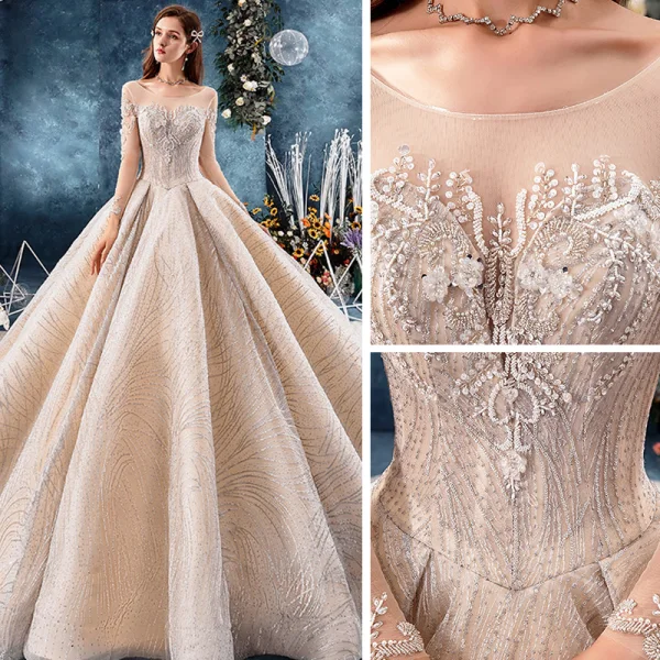 Luxus / Herrlich Champagner Durchsichtige Brautkleider / Hochzeitskleider 2019 Ballkleid Eckiger Ausschnitt Lange Ärmel Rückenfreies Handgefertigt Perlenstickerei Glanz Tülle Königliche Schleppe Rüschen
