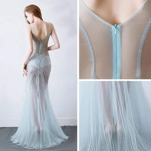 Sexy Himmelblau Durchsichtige Abendkleider 2019 Meerjungfrau V-Ausschnitt Ärmellos Rückenfreies Applikationen Spitze Perlenstickerei Sweep / Pinsel Zug Rüschen Festliche Kleider