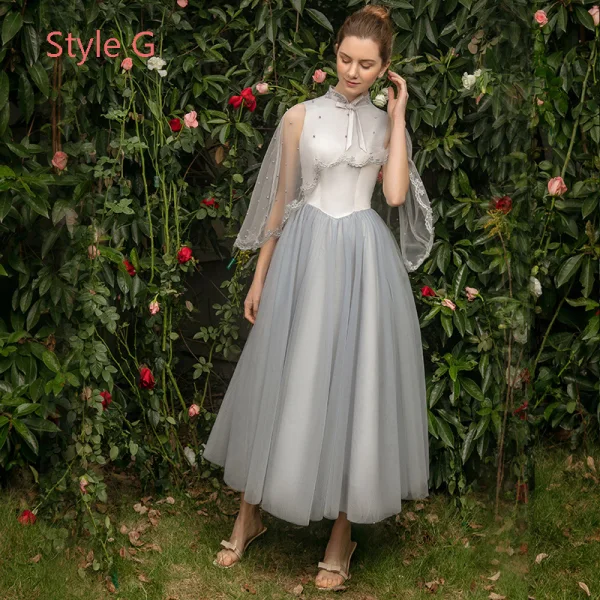 Modern / Fashion See-through Pearl Pink Bridesmaid Dresses 2019 A-Line / Princess Appliques Lace Tea-length Ruffle Backless Wedding Party Dresses