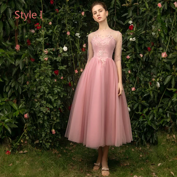Modern / Fashion See-through Pearl Pink Bridesmaid Dresses 2019 A-Line / Princess Appliques Lace Tea-length Ruffle Backless Wedding Party Dresses