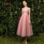Modern / Fashion See-through Pearl Pink Bridesmaid Dresses 2019 A-Line / Princess Appliques Lace Tea-length Ruffle Backless Wedding Party Dresses