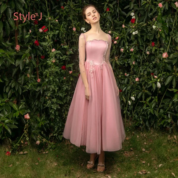 pink tea length dresses bridesmaid Princess Prom Dress Wedding Guest Tea Length Strapless Sweetheart Pink main image 1