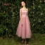 Modern / Fashion See-through Pearl Pink Bridesmaid Dresses 2019 A-Line / Princess Appliques Lace Tea-length Ruffle Backless Wedding Party Dresses