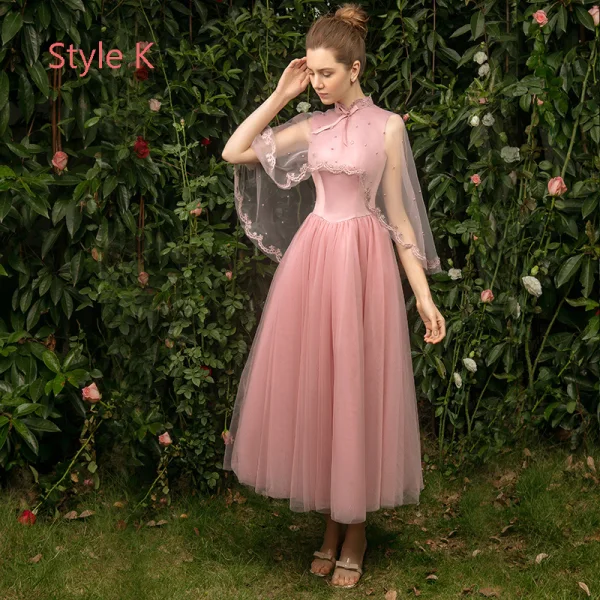 Modern / Fashion See-through Pearl Pink Bridesmaid Dresses 2019 A-Line / Princess Appliques Lace Tea-length Ruffle Backless Wedding Party Dresses