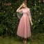 Modern / Fashion See-through Pearl Pink Bridesmaid Dresses 2019 A-Line / Princess Appliques Lace Tea-length Ruffle Backless Wedding Party Dresses
