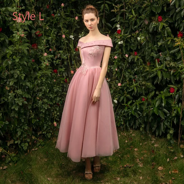 Modern / Fashion See-through Pearl Pink Bridesmaid Dresses 2019 A-Line / Princess Appliques Lace Tea-length Ruffle Backless Wedding Party Dresses