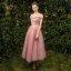 Modern / Fashion See-through Pearl Pink Bridesmaid Dresses 2019 A-Line / Princess Appliques Lace Tea-length Ruffle Backless Wedding Party Dresses