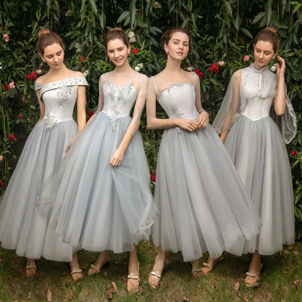 Modern / Fashion See-through Pearl Pink Bridesmaid Dresses 2019 A-Line / Princess Appliques Lace Tea-length Ruffle Backless Wedding Party Dresses