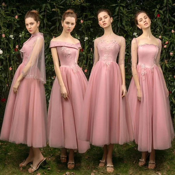 Modern / Fashion See-through Pearl Pink Bridesmaid Dresses 2019 A-Line / Princess Appliques Lace Tea-length Ruffle Backless Wedding Party Dresses