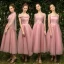 Modern / Fashion See-through Pearl Pink Bridesmaid Dresses 2019 A-Line / Princess Appliques Lace Tea-length Ruffle Backless Wedding Party Dresses